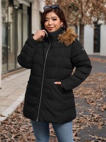 Reflora Plus Size Winter Fur Collar Hooded Warm Jacket - Black - View 9