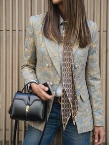 SHEIN Clasi Women's Vintage Jacquard Faux Pearl Button Long Sleeve Blazer - Cadet Blue - View 1