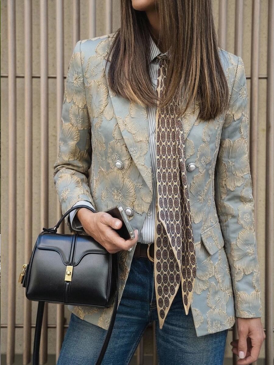 SHEIN Clasi Women's Vintage Jacquard Faux Pearl Button Long Sleeve Blazer - Cadet Blue - View 1