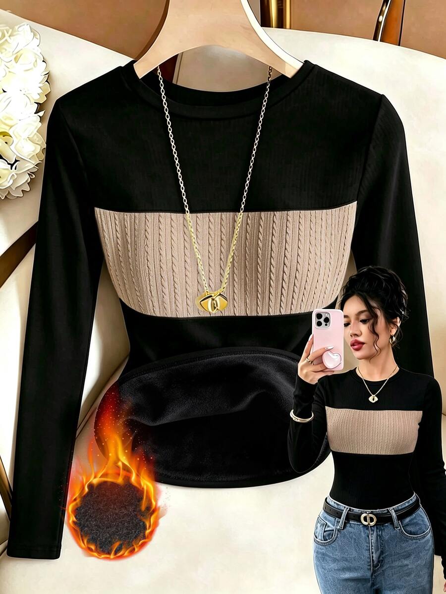 SHEIN Women's Colorblock Cable Knit Thick Base Layer Top, Round Neck Slim Fit Long Sleeve Thick Knit Innerwear - Black - View 1