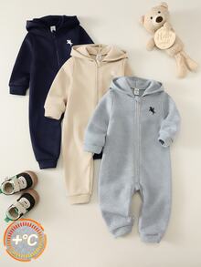 SHEIN 3件組嬰兒男嬰女嬰灰色秋冬加厚刷毛鬆針軟綿連帽長袖拉鍊基本連身衣 多件裝嬰兒連身衣 秋冬連身衣 - 彩色 - 查看 4