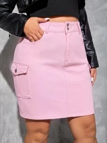 SHEIN ICON Plus Size Women's Cargo Pocket Bodycon Casual Denim Mini Skirt - Pink - View 4