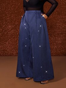 Maweii Plus Size Blue Casual Elegant Commuter Striped Sequin High Waist Long Suit Pants Party Office Fall - Blue - View 5