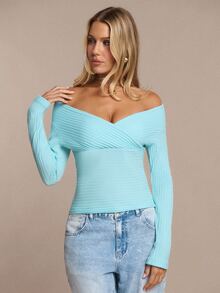 SHEIN BAE Women's Solid Mint Green Off-Shoulder Long Sleeve Knit Striped Top, Autumn/Winter - Mint Green - View 6