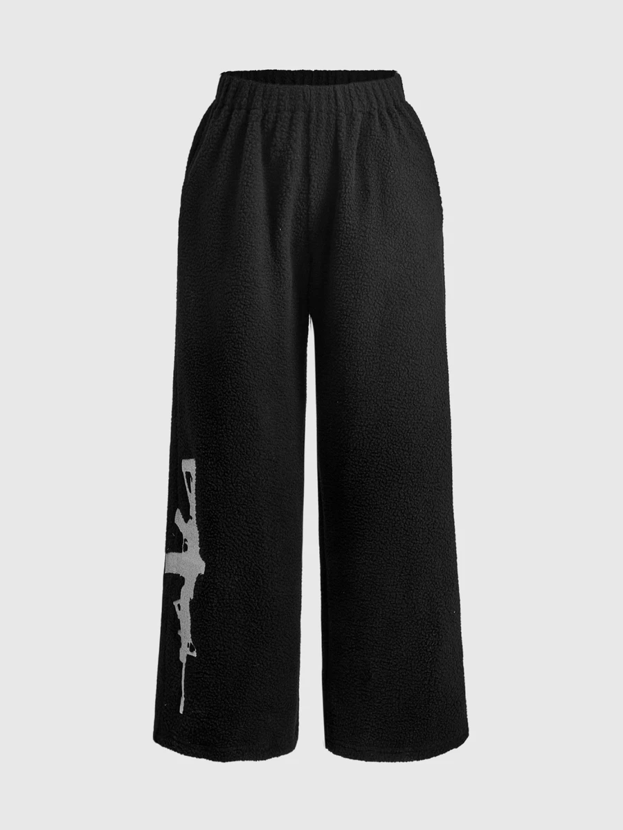 ROMWE Street Life 女款刷毛運動長褲,街頭復古白色,刺繡虎紋與新中式槍花文字 - 黑色 - 查看 1