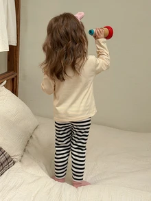Dazy Kids Baby Girl Long Sleeve Top And Striped Long Pants Casual Daily Home Sleepwear Set Fall - Black and White - View 2