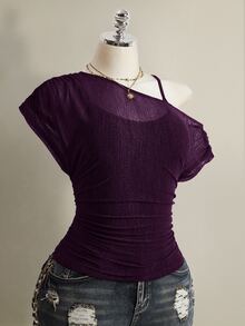 SHEIN ICON Plus Size Solid Color Asymmetrical Collar T-Shirt, Summer - Purple - View 7