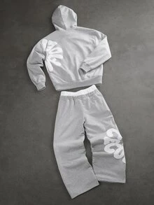 SLATEMANN Men's Letter Print Hoodie And Sweatpants Set - Grey - View 2