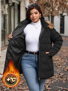 Reflora Plus Size Winter Fur Collar Hooded Warm Jacket - Black - View 4