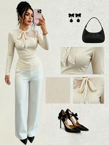 SHEIN Lace Patchwork Ribbon Bow Asymmetrical Neckline Cinched Waist Long Sleeve T-Shirt - White - View 1