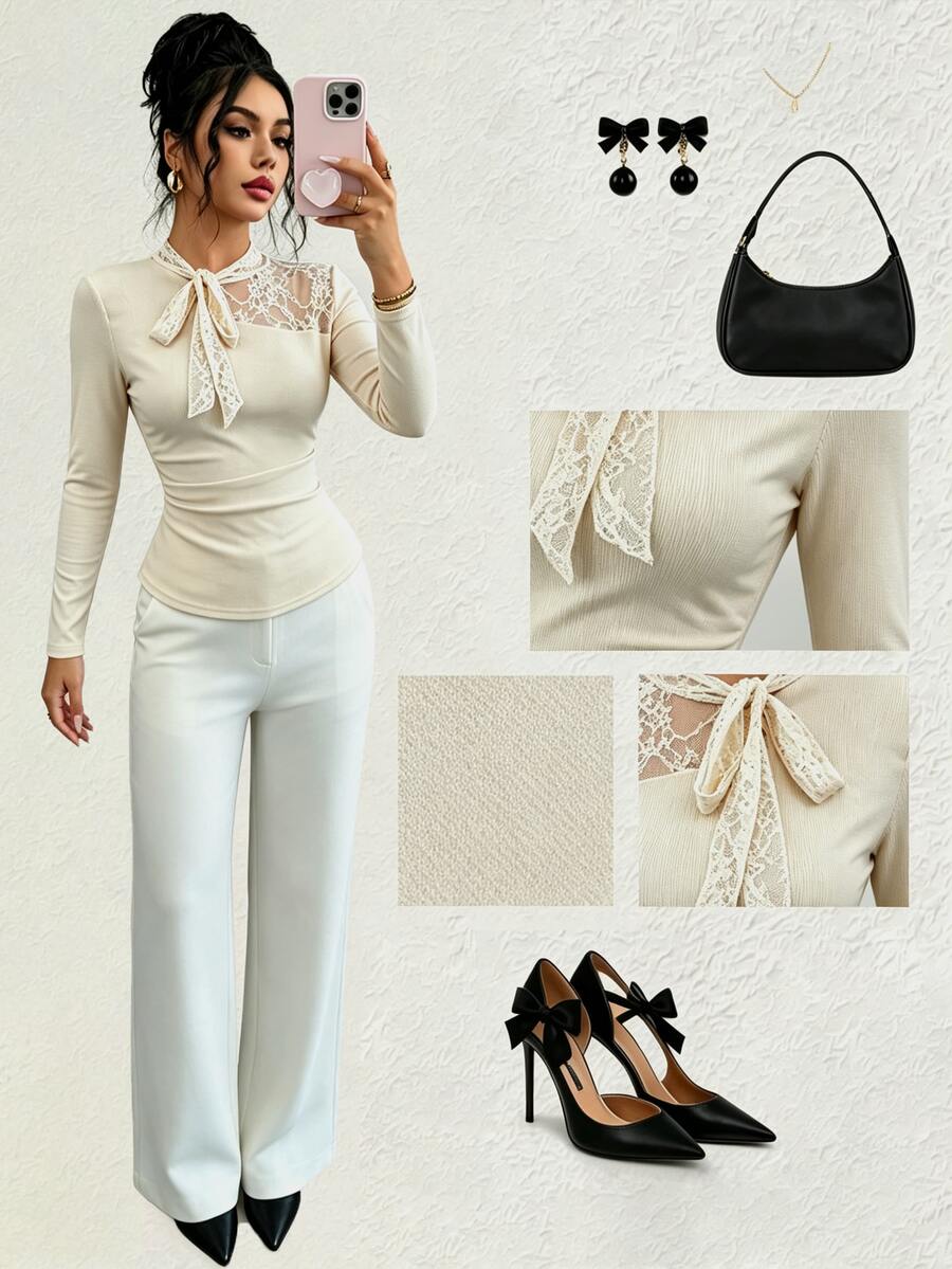 SHEIN Lace Patchwork Ribbon Bow Asymmetrical Neckline Cinched Waist Long Sleeve T-Shirt - White - View 1