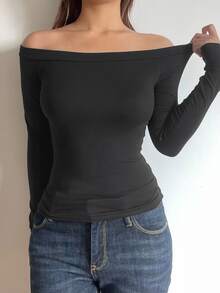 SHEIN BASICS 女款休閒純色露肩長袖修身正裝上衣 海軍藍女式上衣 - 深灰色 - 查看 6
