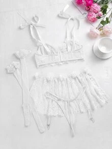 SHEIN Valentine's Day Romantic Lace 3D Floral Lingerie Set, Thong, Lace Tutu, 2 Pairs Of Socks, 4 Pieces Total - White - View 7
