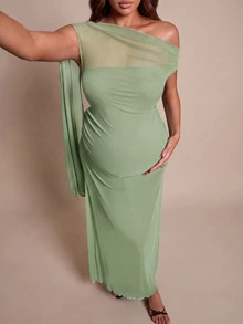 MaterniChic Maternity Solid Color Asymmetric Neck Ribbon Design Slim Fit Elegant Dress - Green - View 2
