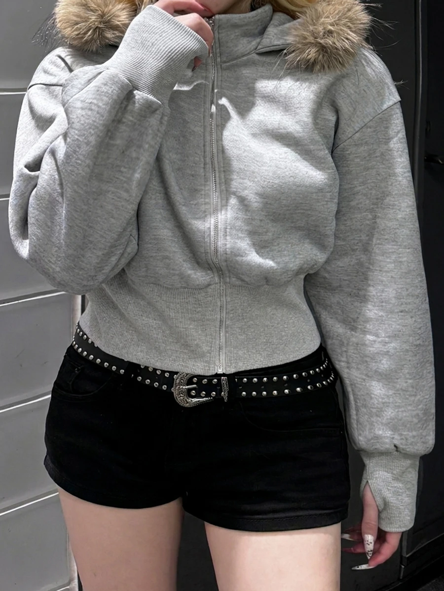 Dazy Plus Korean Style Fitted Waist Patchwork Fur Collar Hooded Sweatshirt, Autumn/Winter New Arrival Hoodies - Grey - View 1