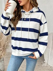SHEIN LUNE Women's Casual Minimalist Colorblock Striped Print Crew Neck Loose Sweatshirt - Autumn/Winter New Arrival Long Sleeve Top - Multicolor - View 7