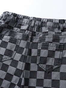 SHEIN Vacaura 青少年男孩牛仔褲 秋冬新款街頭黑白格紋工裝風黑色水洗 - 黑與白 - 查看 5