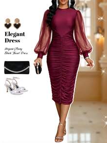 Fleurora Women's Solid Color Contrast Mesh Lantern Sleeve Pleated Elegant Mid-Length Dress - Burgundy - View 6