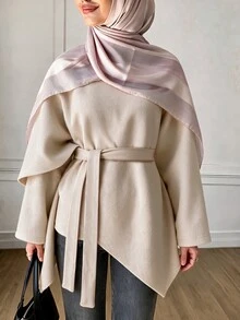 SHEIN Unity 女款披肩式優雅時尚收腰繫帶前襟休閒通勤上衣外套，百搭羊毛混紡 - 杏色 - 查看 1