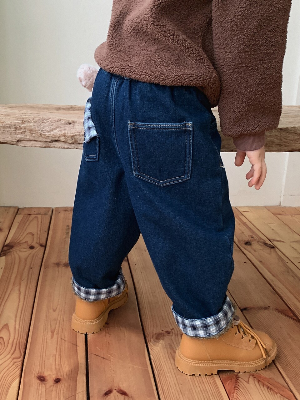 Baby Boy Autumn/Winter Washed Versatile Pocket Plaid Patchwork Denim Jeans