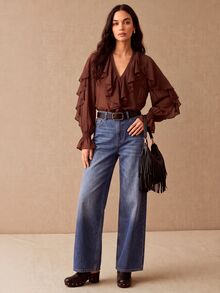 CielaLinda Women's Brown Ruffle Chiffon Blouse, Long Sleeve Elegant Shirt, Flowy Feminine Top - Brown - View 4