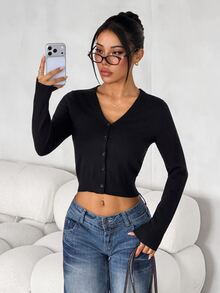 SHEIN PETITE Women's Black Warm Cardigan Sweater – Casual & Work-Ready (Petite Fit) - Black - View 4
