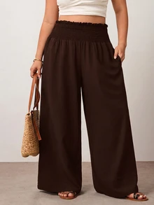 Enliva Plus Size Women's Solid Color Ruffle Elastic Waist Wide Leg Loose Casual Pants, Suitable For Daily Casual And Commuting Wear - Brown - View 3