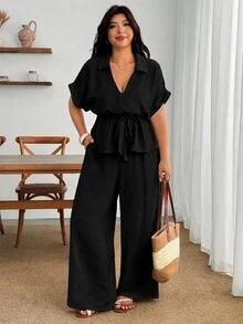 Enliva Plus Size Women Sand Linen Two Pieces Set Tie Waist Shirt Wide Leg Pants Vacation - Black - View 3