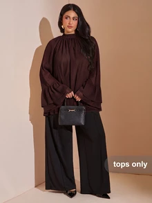 SHEIN BAE CURVE 大尺碼女款棕色長袖V領蕾絲飾邊上衣，喇叭袖上衣，優雅性感，適合約會、通勤、生日派對、外出 - 咖啡棕 - 查看 4
