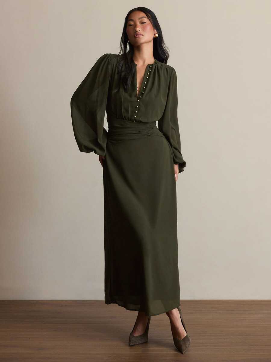 COSMINA Women's Solid Color Pleated Casual Party Dress - Dark Green - View 1