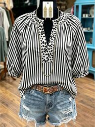 Linhara Fashion Casual Vacation Vintage Elegant Commute 3/4 Sleeve Blue Printed Blouse Fall
