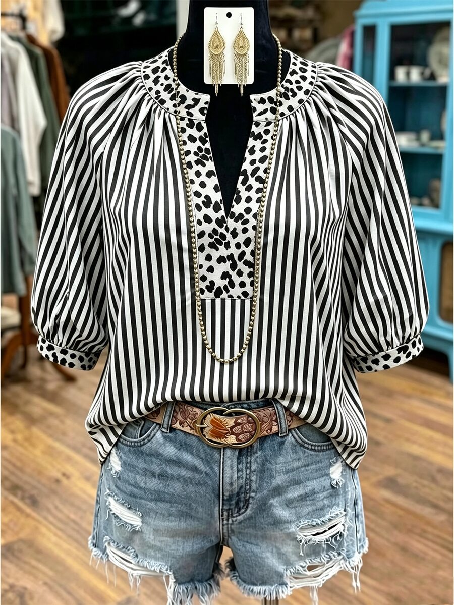 Linhara Fashion Casual Vacation Vintage Elegant Commute 3/4 Sleeve Blue Printed Blouse Fall - Black and White - View 1