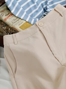 Franclia 女款 T-shirt 短褲套裝，標準版高腰寬腿針織斜紋圓領口袋設計，通勤早午餐度假休閒夏季穿搭，藍白卡其條紋 - 藍白色 - 查看 5