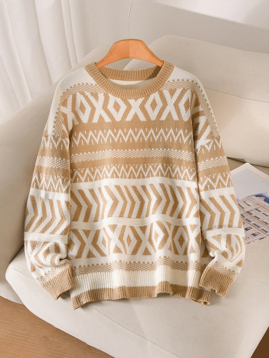 CosyJoli Sweater Pullover Lengan Panjang Jacquard Vintage Ukuran Besar untuk Musim Gugur/Dingin, Nyaman