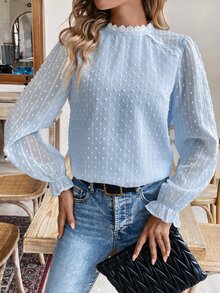SHEIN Frenchy 瑞士波點荷葉袖蕾絲拼接布料拼接襯衫 - 淺藍色 - 查看 6