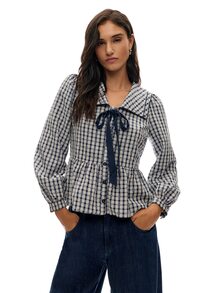 Nöista Blouse With Check Fabric, Tie On The Front In Contrast Blue Color, Balloon Sleeves And Peplum Shape, Perfect To Elevate Your Everyday  In Fall Winter - Royal Blue - View 3