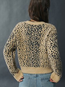 Bohemela Vintage Plush Leopard Print Jacquard Long Sleeve Knit Cardigan - Apricot - View 6