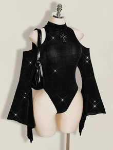 SHEIN ICON 大尺碼立領誇張喇叭袖透視亮面連身衣，音樂節穿搭，派對裝 - 黑色 - 查看 6