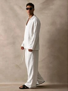 Musero Sold As One V Neck Long Sleeve Shirt Wide Leg Trouser Pant Striped Set Spring Summer Essentials - White - View 4