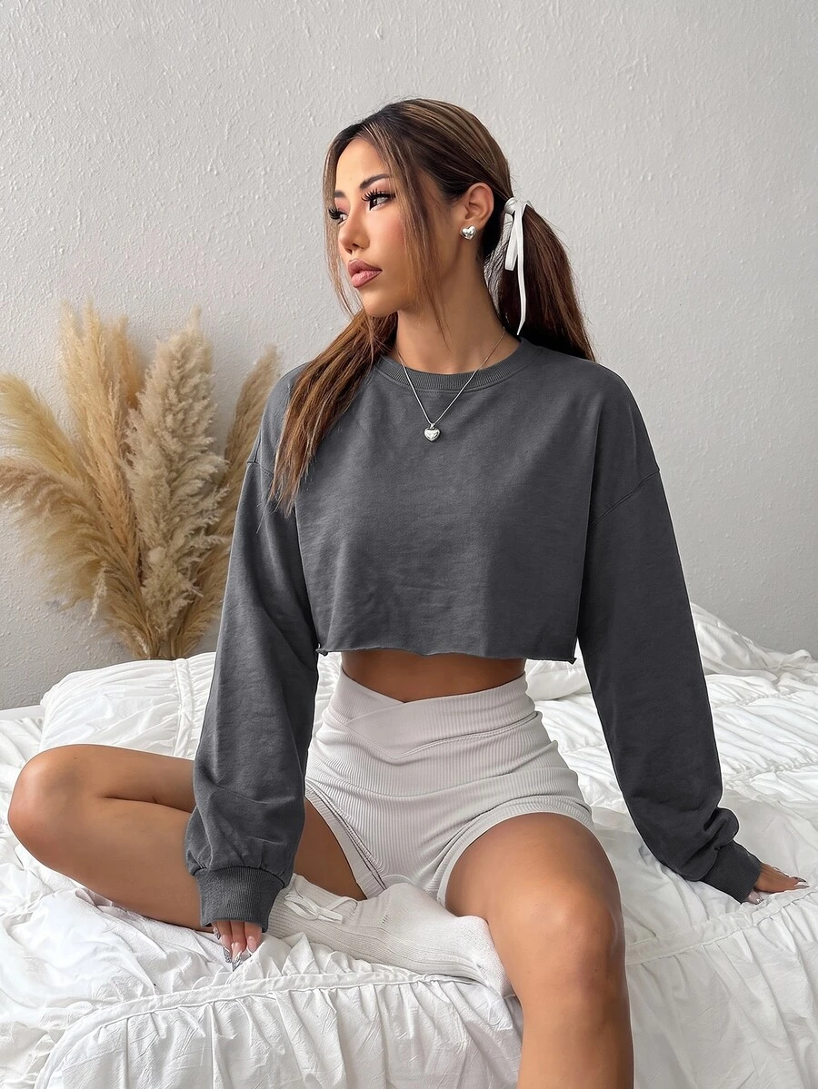 SHEIN EZwear 女款休閒純色短版運動衫,秋季 - 灰色 - 查看 1