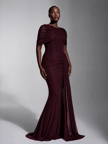 Elitara Elegant Romantic Elastic Knit Mesh Ruched Twisted Drape Design Jacket Sleeve Fishtail Skirt Suitable For Wedding Events, Bachelor Party, Vacation, Dance, Holiday Party, Graduation Season, Evening Gown Dress - Khaki - View 6