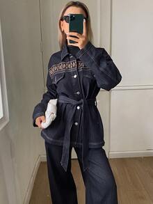 DAZY 女款刺繡度假休閒牛仔外套與長褲套裝 - 深色水洗藍 - 查看 1