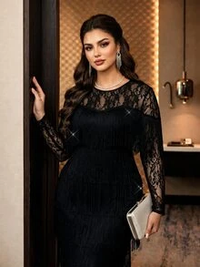 SHEIN Lady Plus Size Women's Contrast Lace Round Neck Long Sleeve Multi-Layer Tassel Design Elegant Dress Fall - Black - View 8