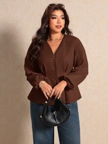 Elaquor 大尺碼優雅通勤純色燈籠袖女式襯衫 - 咖啡棕 - 查看 6
