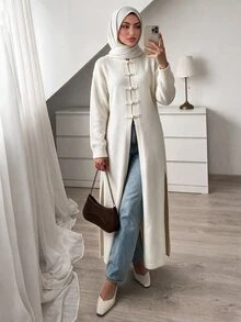 Elenzga Elegant Ru Yi Button Hem Side Slit Long Sleeve Cardigan For Women - Apricot - View 1