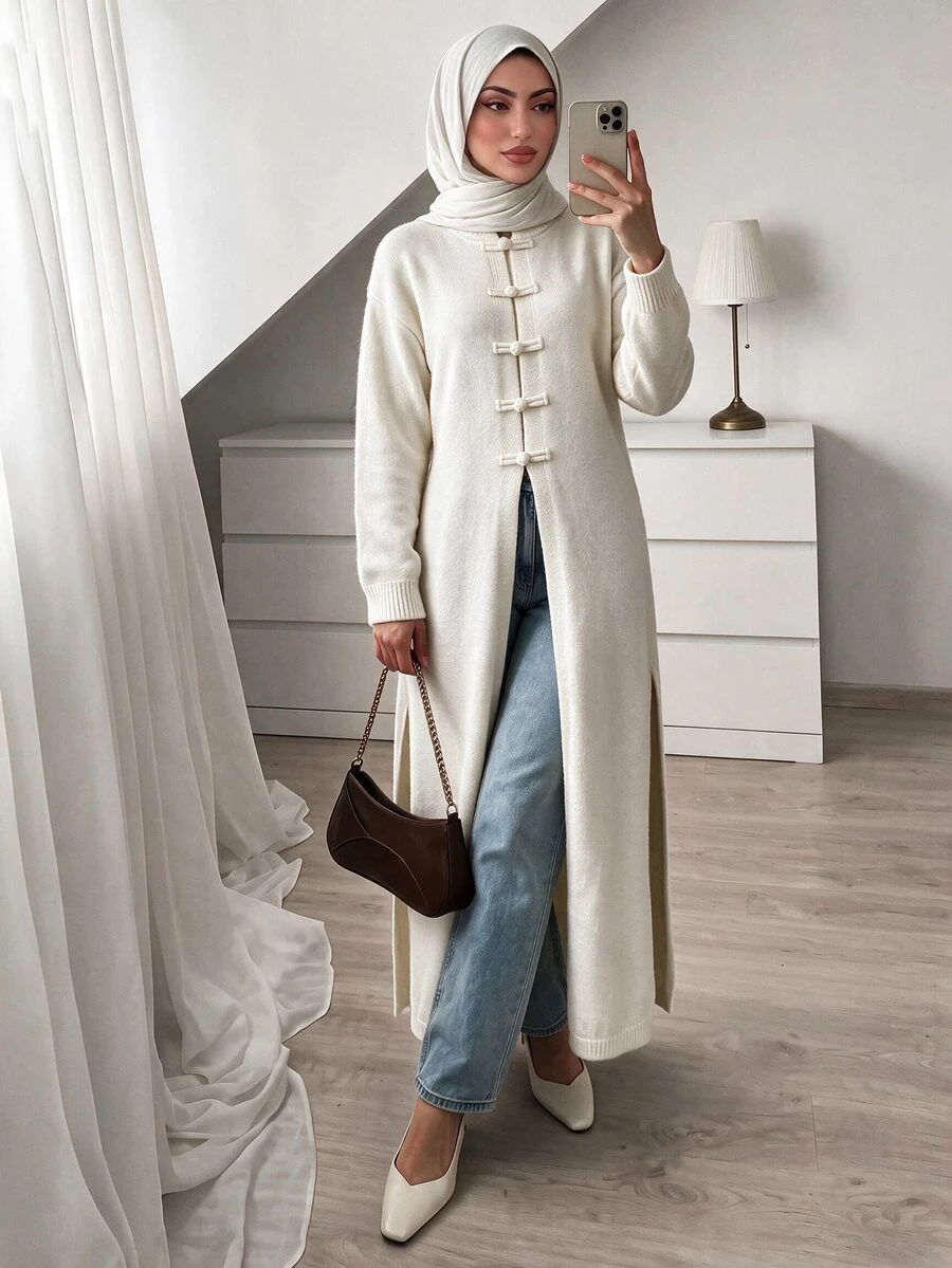 Elenzga Elegant Ru Yi Button Hem Side Slit Long Sleeve Cardigan For Women - Apricot - View 1