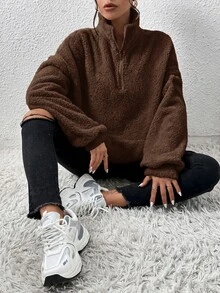 SHEIN EZwear 女款純色落肩長袖半拉鍊口袋休閒運動衫 - 棕色 - 查看 1