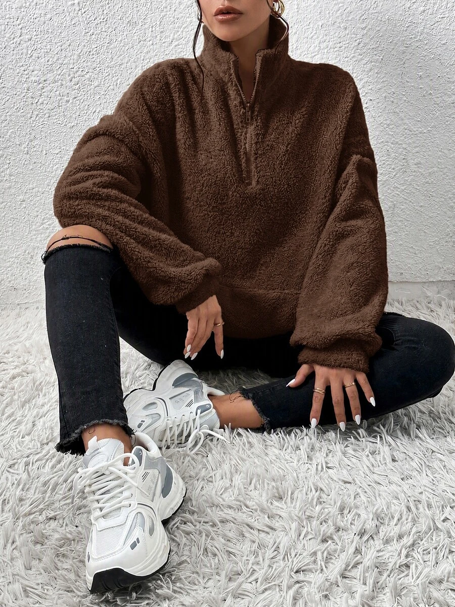 SHEIN EZwear 女款純色落肩長袖半拉鍊口袋休閒運動衫 - 棕色 - 查看 1