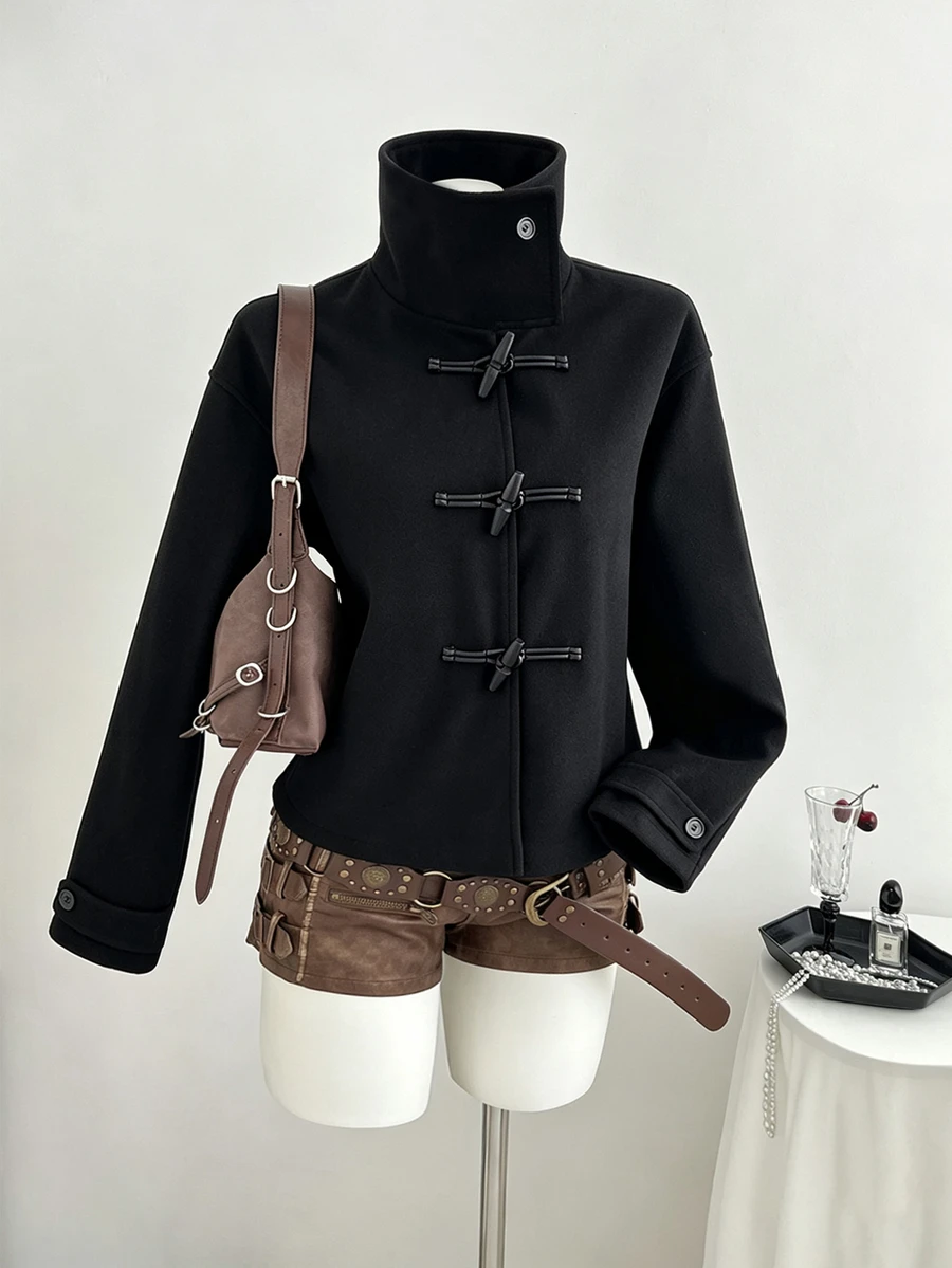 Elamini Autumn/Winter Fashion Women's Overcoat With Horn Buttons - Black - View 1