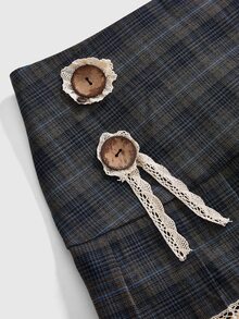ROMWE Y2K Vintage Sweet Versatile Button Decor Plaid Pleated Skirt Plus Size Skirt - Multicolor - View 4